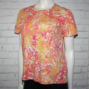 🌸🍃 Basic Editions Leaf Print Tee · Size M · Pink & Yellow